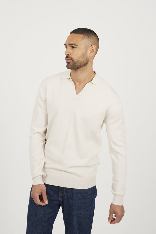 Brave Soul Cream Long Sleeve Trophy Neck Polo - Cream Image 1