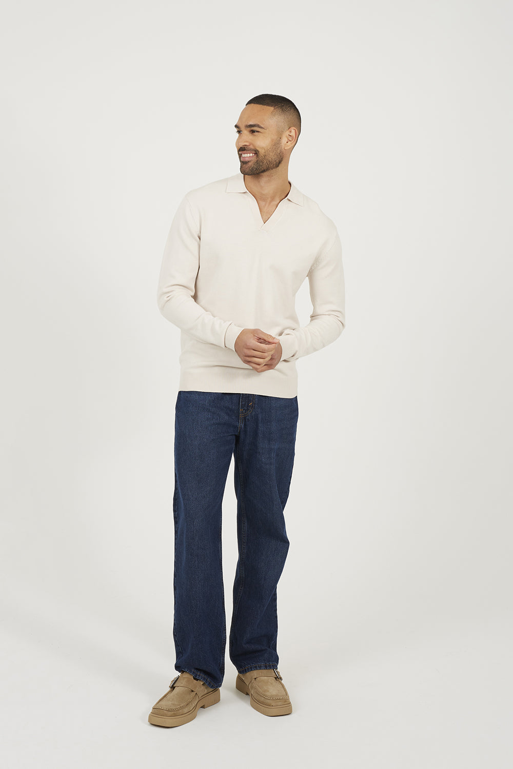 Brave Soul Cream Long Sleeve Trophy Neck Polo - Cream Image 3