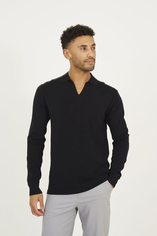 Brave Soul Black Long Sleeve Trophy Neck Polo - Black Image 1