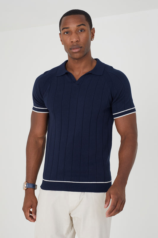 Brave Soul Navy Short Sleeve Open Collar Polo Shirt - Navy Image 1