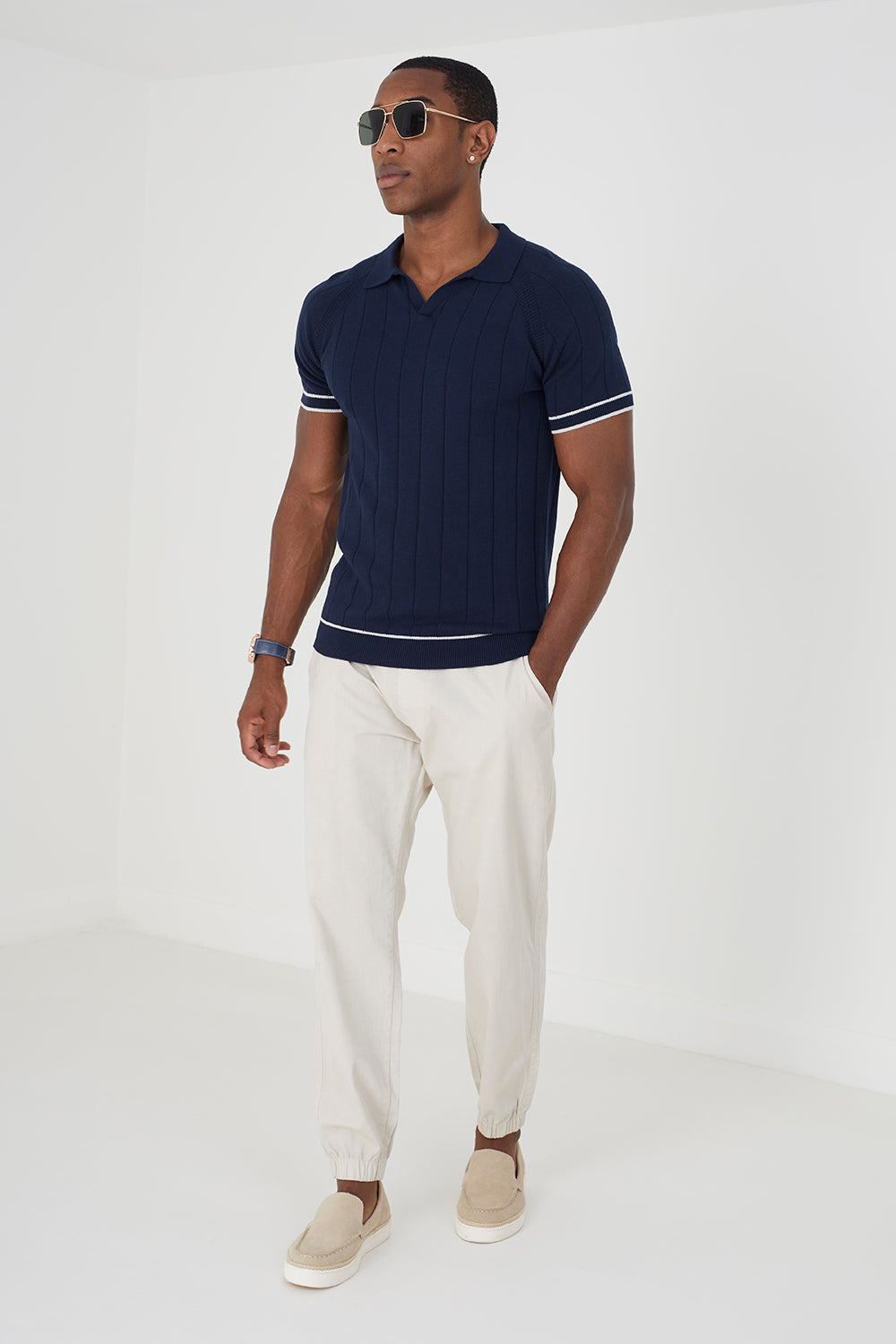 Brave Soul Navy Short Sleeve Open Collar Polo Shirt - Navy Image 3