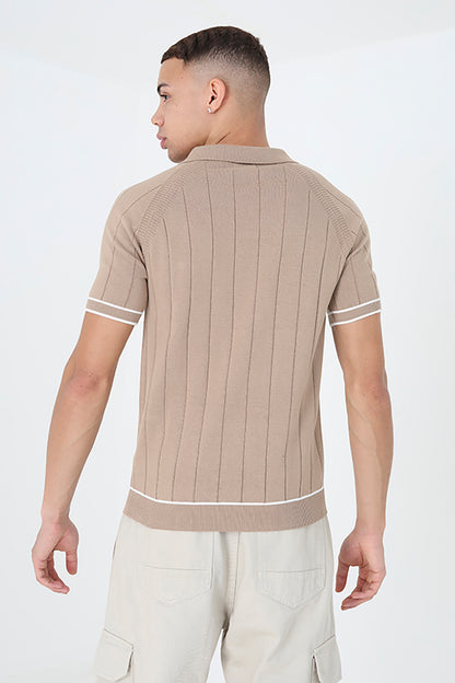 Brave Soul Tan Short Sleeve Open Collar Polo Shirt - Tan Image 2