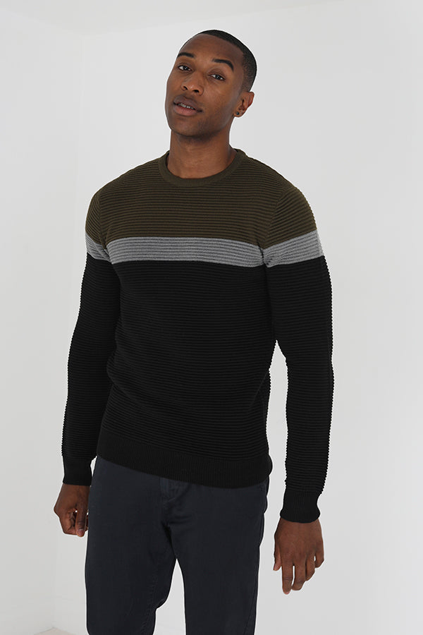 Brave Soul Khaki Colourblock Ribbed Jumper - Khaki Image 1
