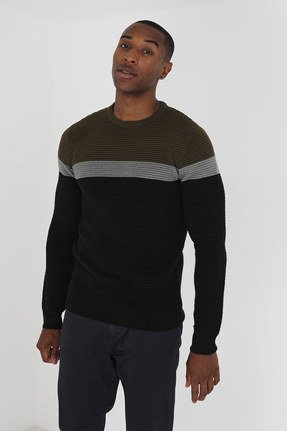 Brave Soul Khaki Colourblock Ribbed Jumper - Khaki Image 1