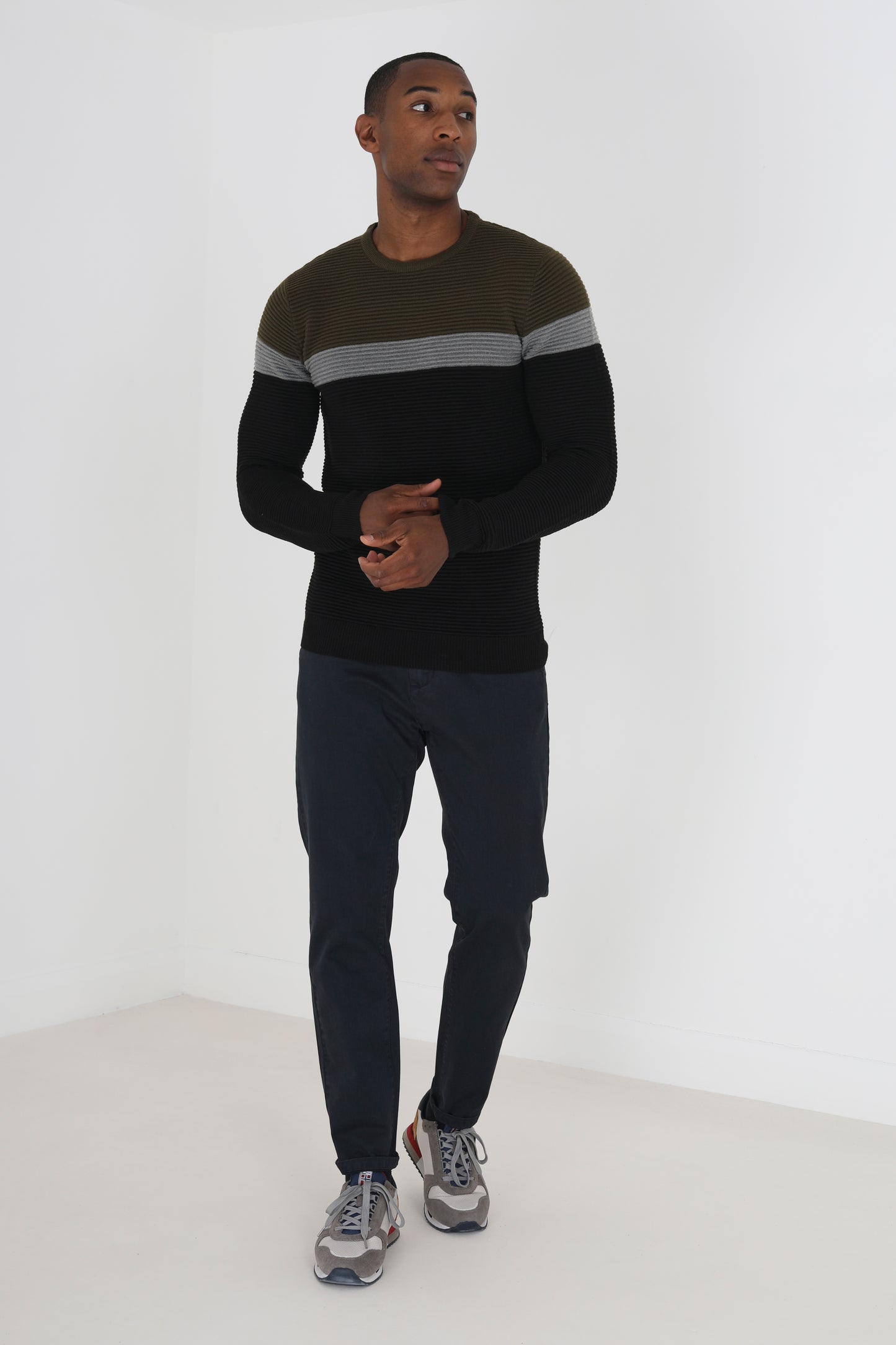 Brave Soul Khaki Colourblock Ribbed Jumper - Khaki Image 3