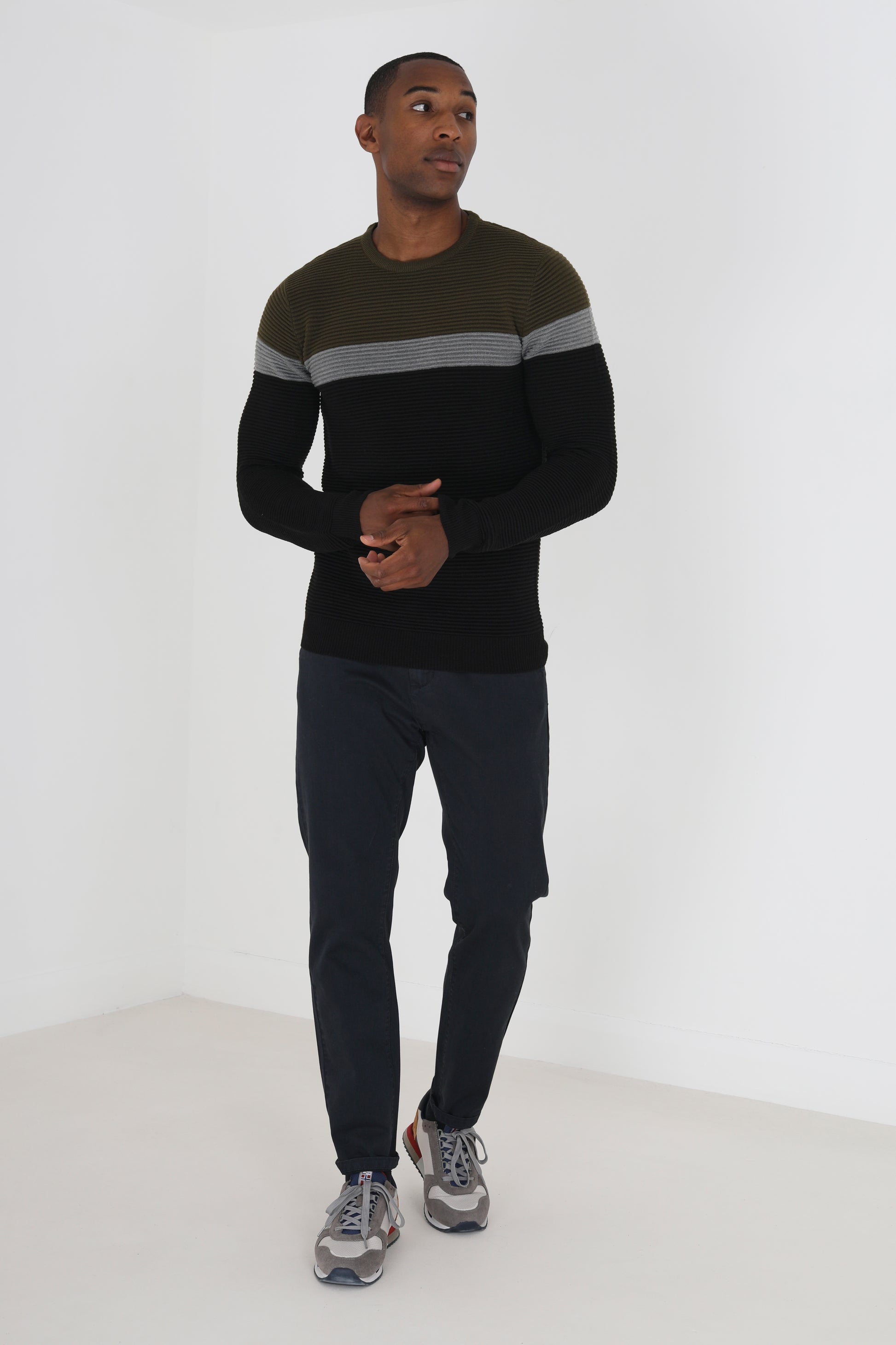 Brave Soul Khaki Colourblock Ribbed Jumper - Khaki Image 3