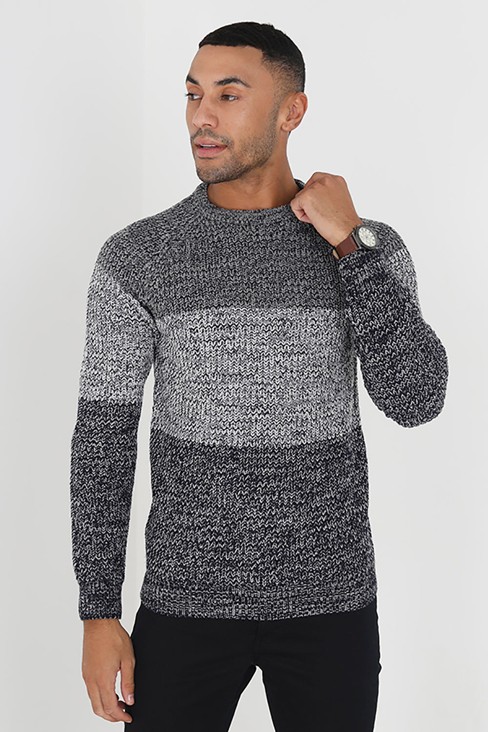 Brave Soul Grey Crew Neck Colourblock Jumper - Grey Image 1