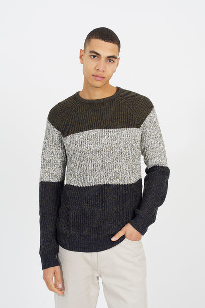 Brave Soul Khaki Crew Neck Colourblock Jumper - Khaki Image 1