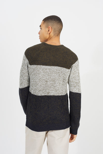 Brave Soul Khaki Crew Neck Colourblock Jumper - Khaki Image 2