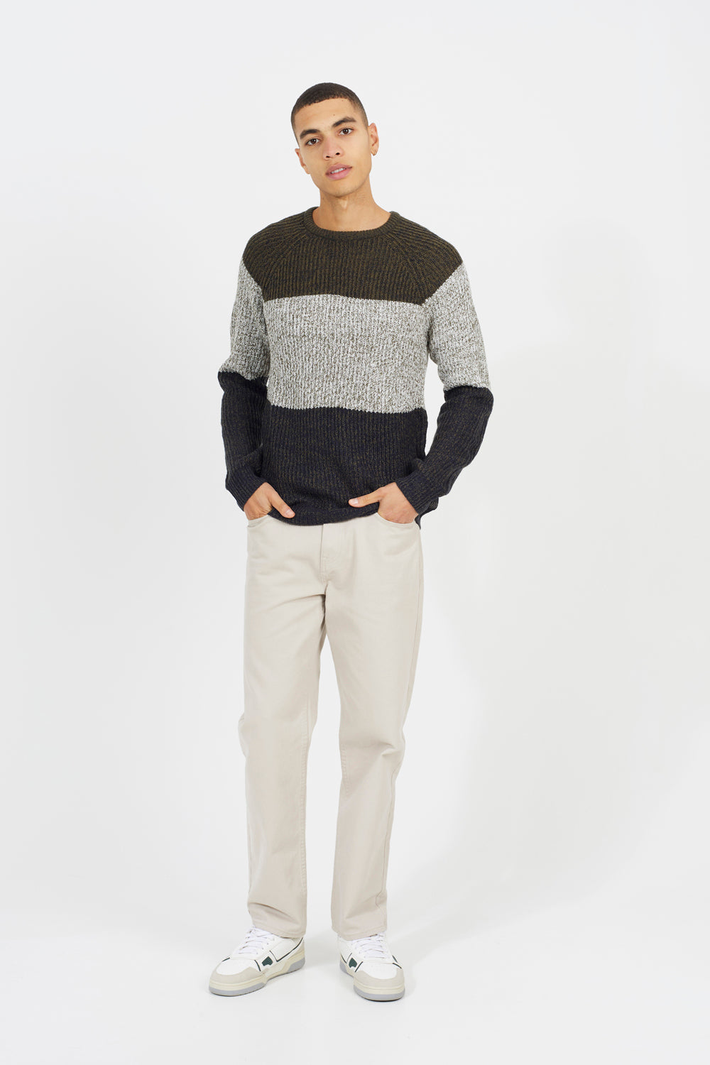 Brave Soul Khaki Crew Neck Colourblock Jumper - Khaki Image 3