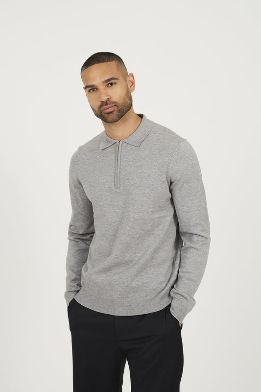 Brave Soul Grey Long Sleeve Knitted Polo - Grey Image 1