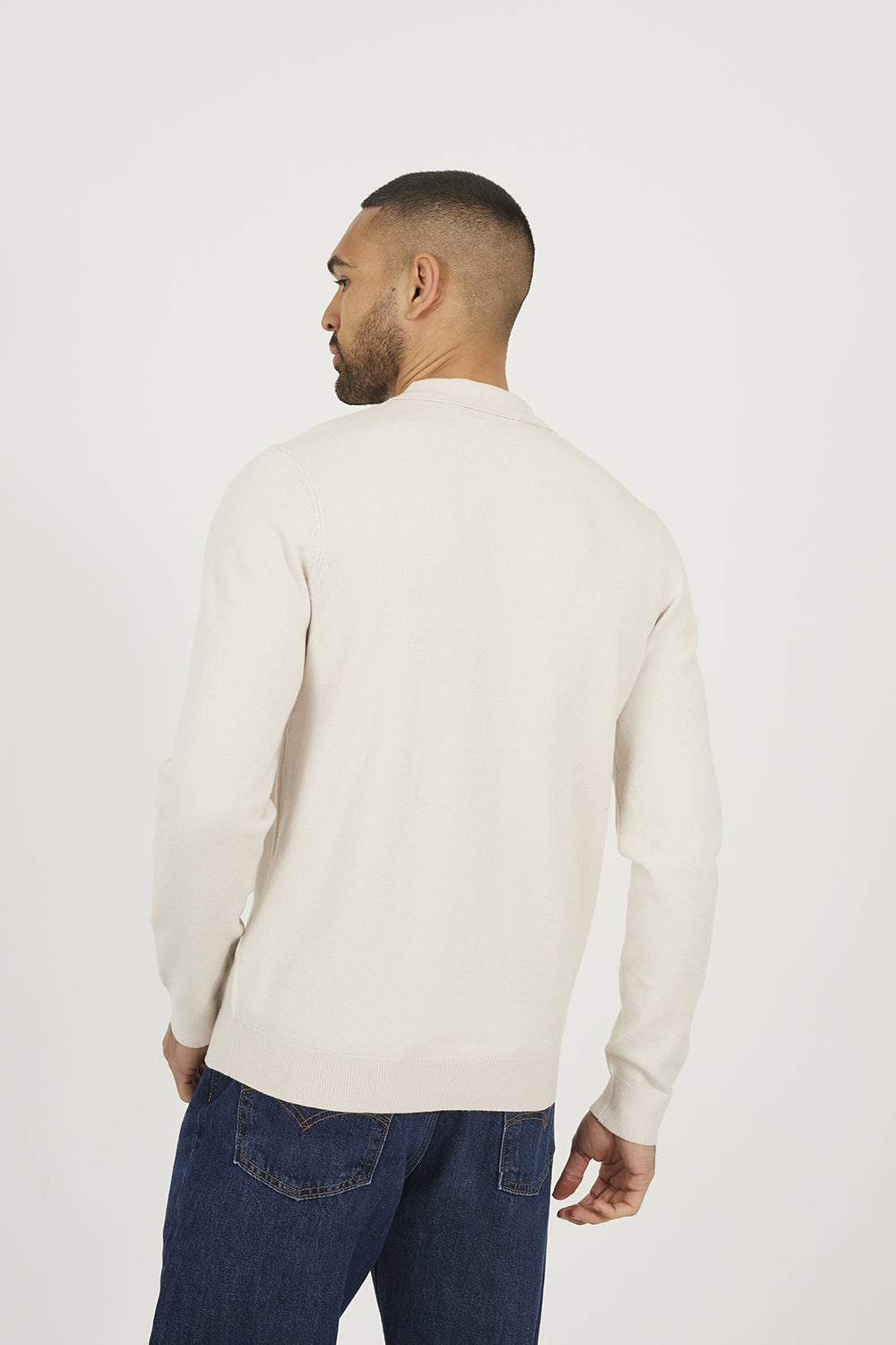 Brave Soul Cream Long Sleeve Knitted Polo - Cream Image 2