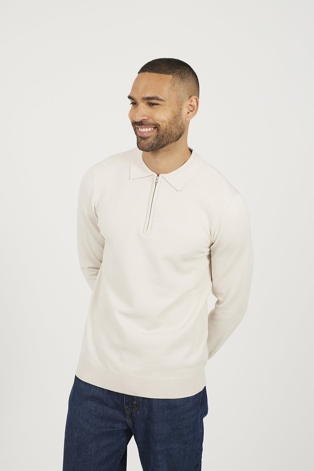 Brave Soul Cream Long Sleeve Knitted Polo - Cream Image 1