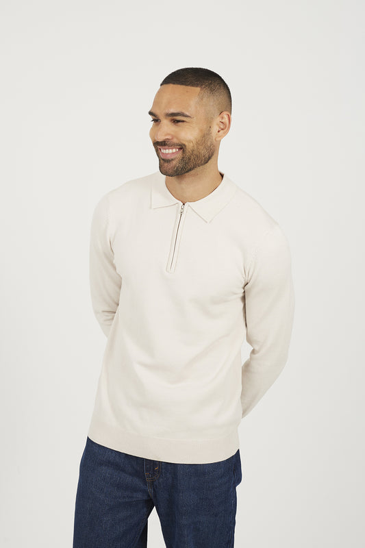 Brave Soul Cream Long Sleeve Knitted Polo - Cream Image 1