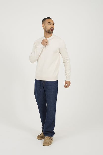Brave Soul Cream Long Sleeve Knitted Polo - Cream Image 3