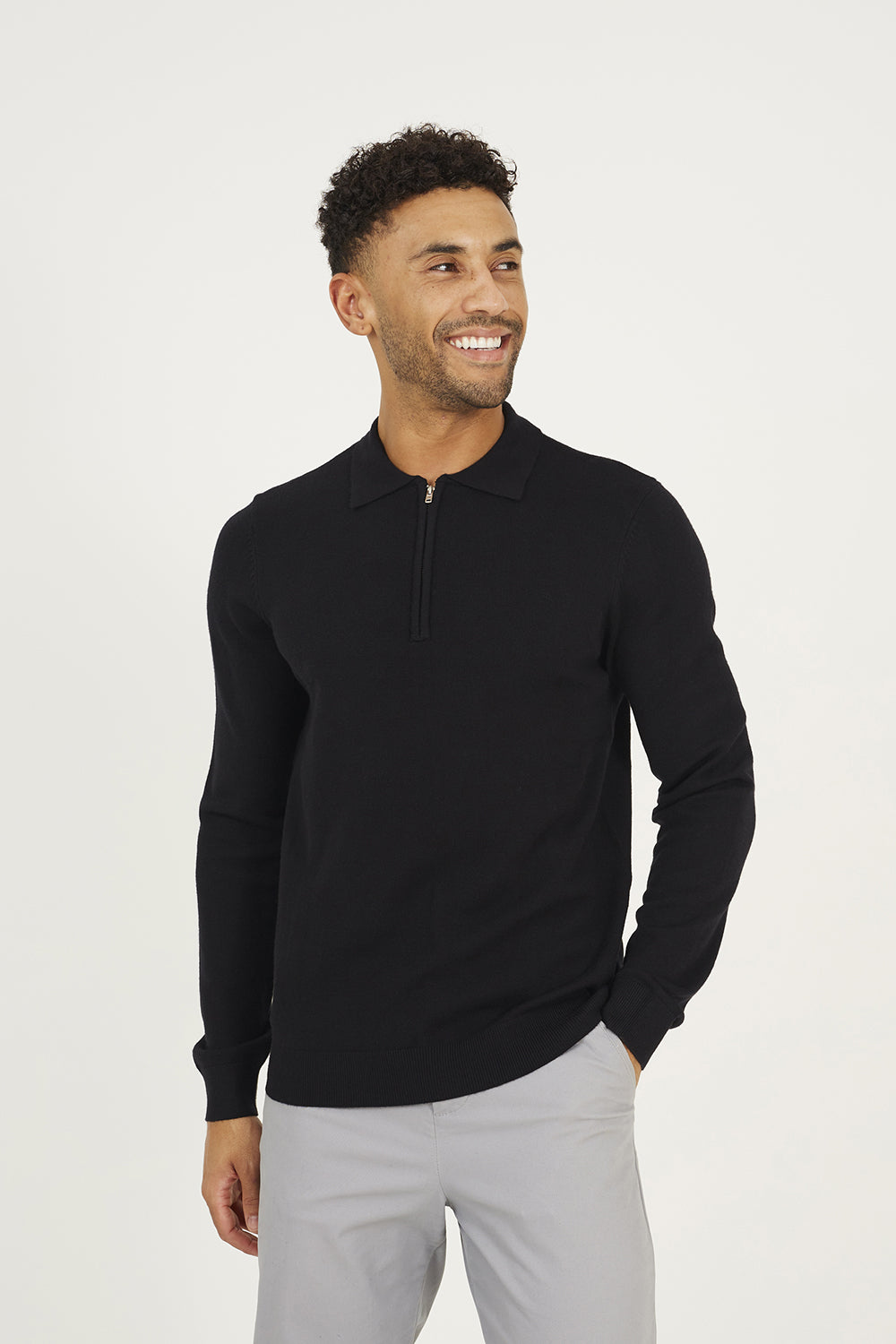 Brave Soul Black Long Sleeve Knitted Polo - Black Image 1