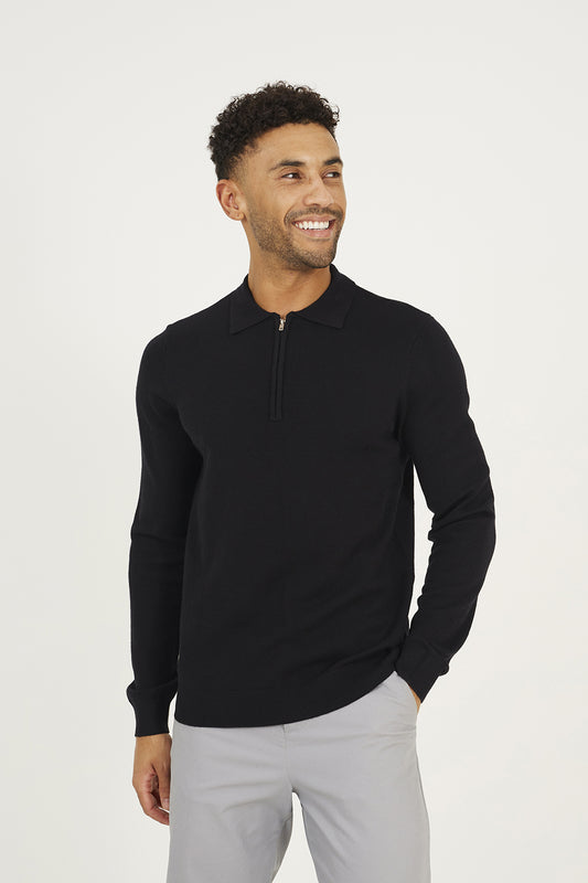 Brave Soul Black Long Sleeve Knitted Polo - Black Image 1