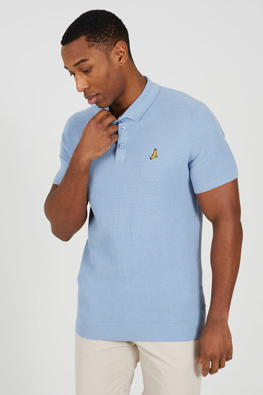 Brave Soul Light Blue Cotton Waffle Knit Embroidered Polo Shirt - Light Blue Image 1