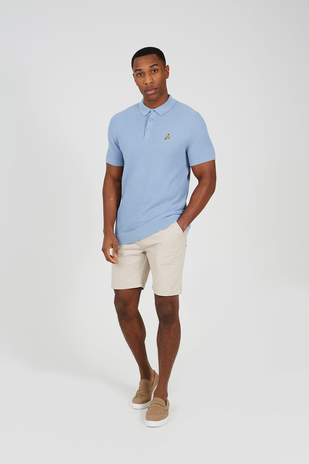 Brave Soul Light Blue Cotton Waffle Knit Embroidered Polo Shirt - Light Blue Image 3
