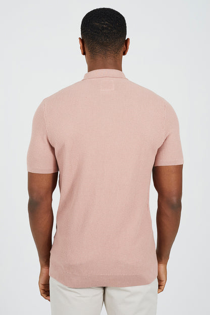 Brave Soul Pink Cotton Waffle Knit Embroidered Polo Shirt - Pink Image 2