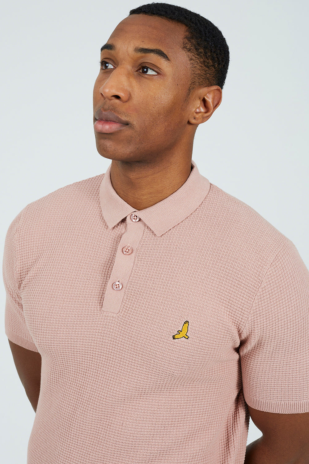 Brave Soul Pink Cotton Waffle Knit Embroidered Polo Shirt - Pink Image 4