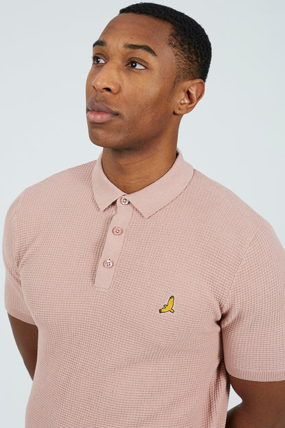Brave Soul Pink Cotton Waffle Knit Embroidered Polo Shirt - Pink Image 4