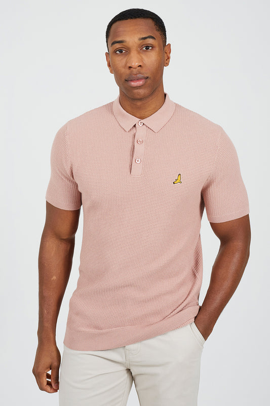 Brave Soul Pink Cotton Waffle Knit Embroidered Polo Shirt - Pink Image 1