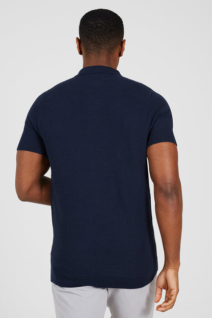 Brave Soul Dark Navy Cotton Waffle Knit Embroidered Polo Shirt - Dark Navy Image 2