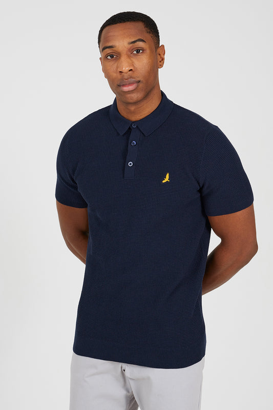Brave Soul Dark Navy Cotton Waffle Knit Embroidered Polo Shirt - Dark Navy Image 1