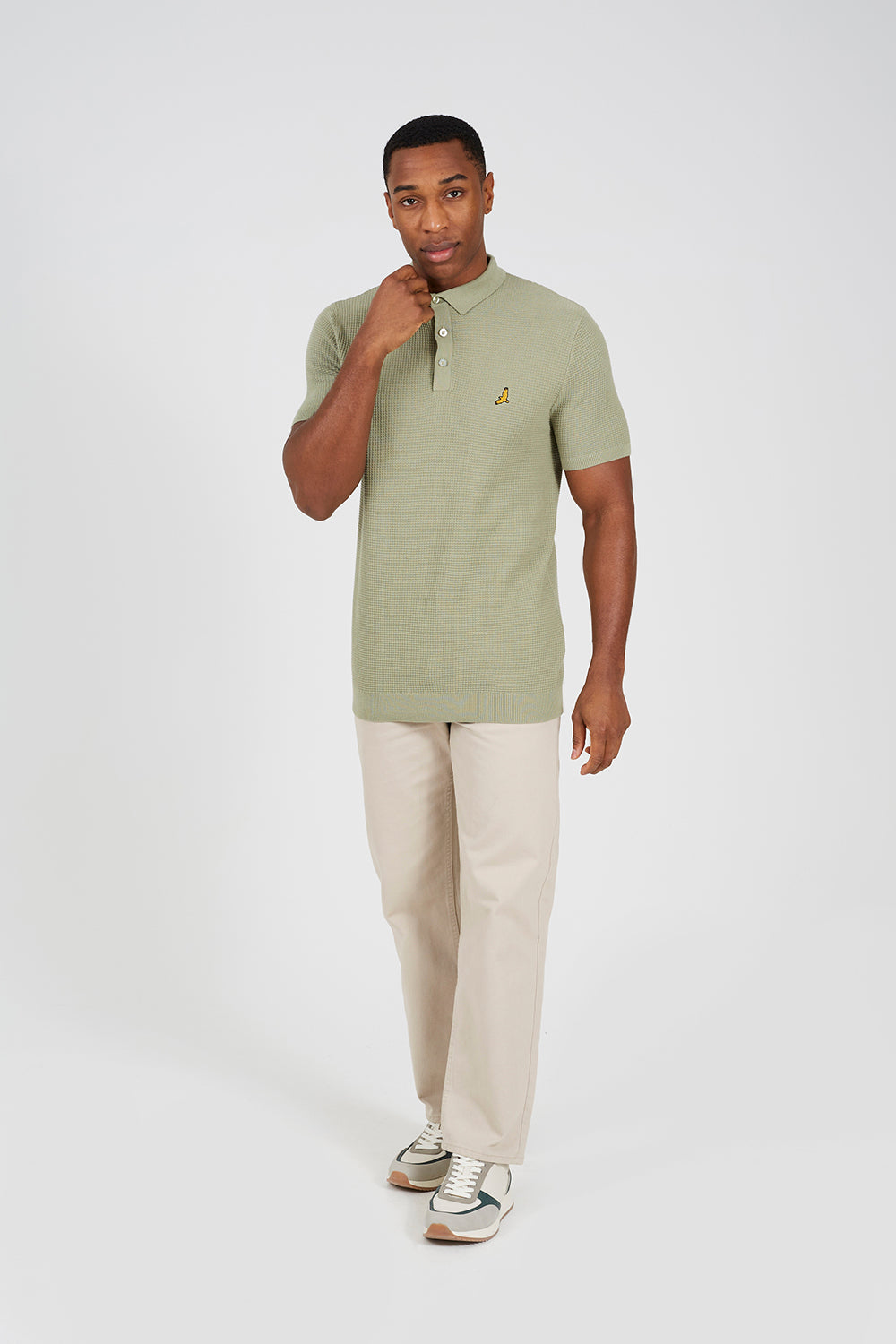 Brave Soul Green Cotton Waffle Knit Embroidered Polo Shirt - Green Image 3