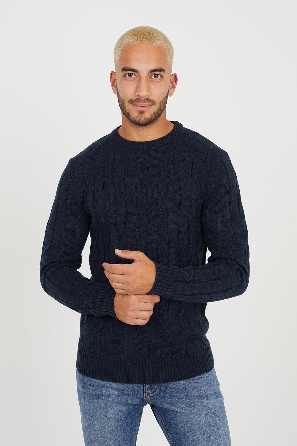 Brave Soul Navy Cable Knitted Jumper - Navy Image 1