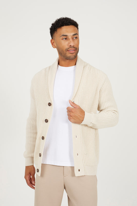 Brave Soul Ecru Shawl Neck Chunky Knit Cardigan - Ecru Image 1