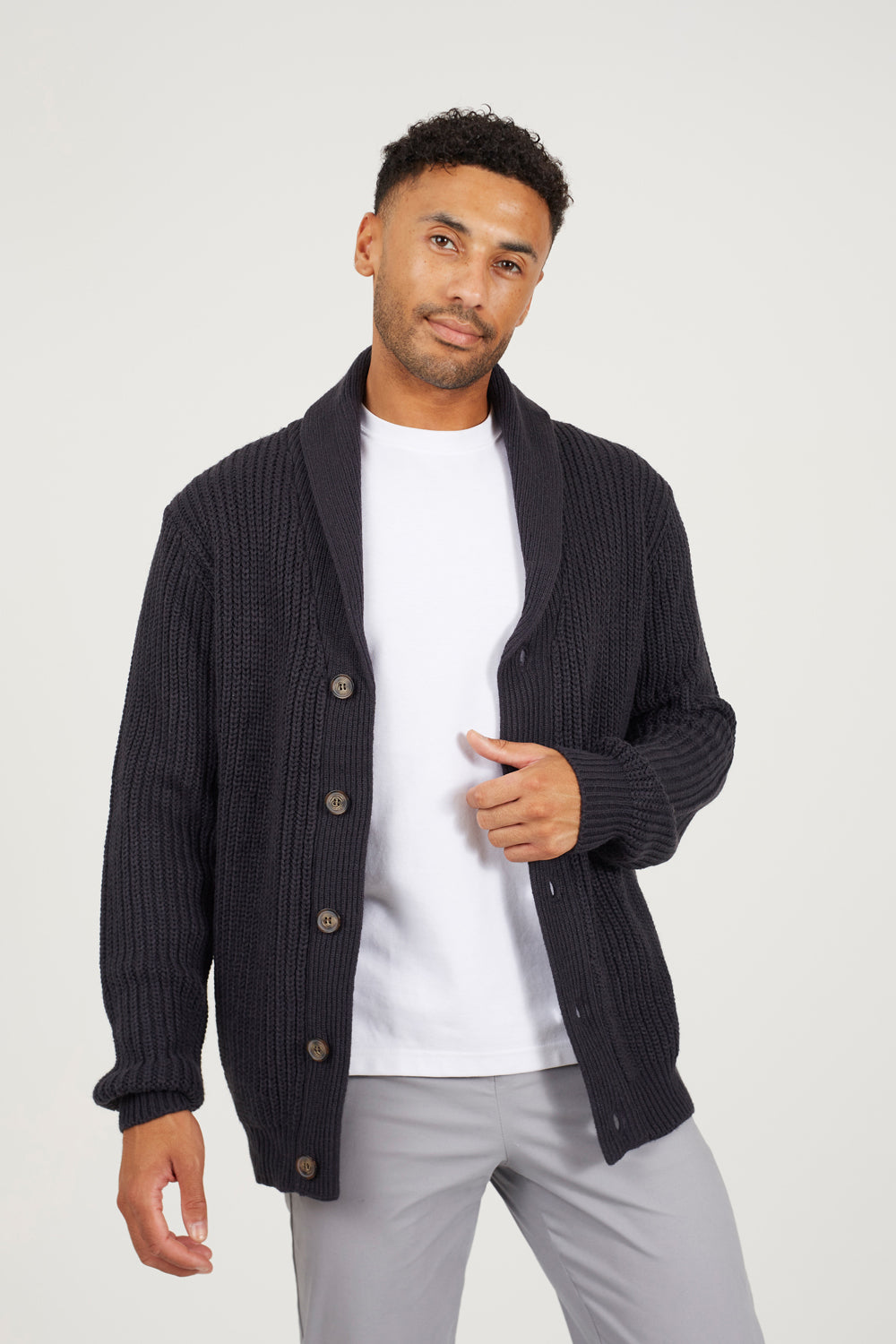 Brave Soul Navy Shawl Neck Chunky Knit Cardigan - Navy Image 1