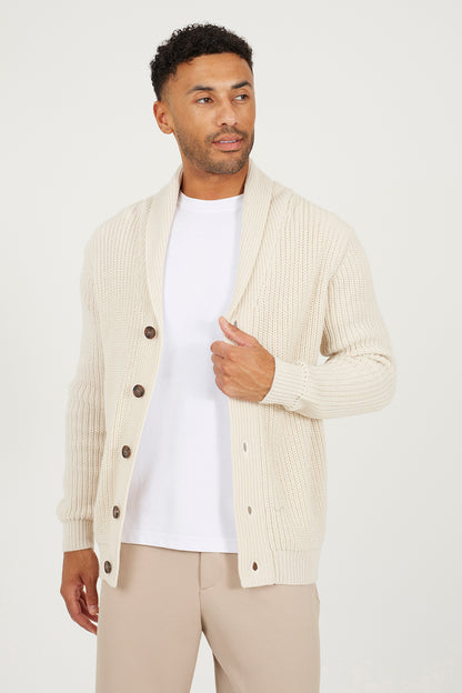 Brave Soul Beige Shawl Collar Chunky Knit Cardigan - Beige Image 1