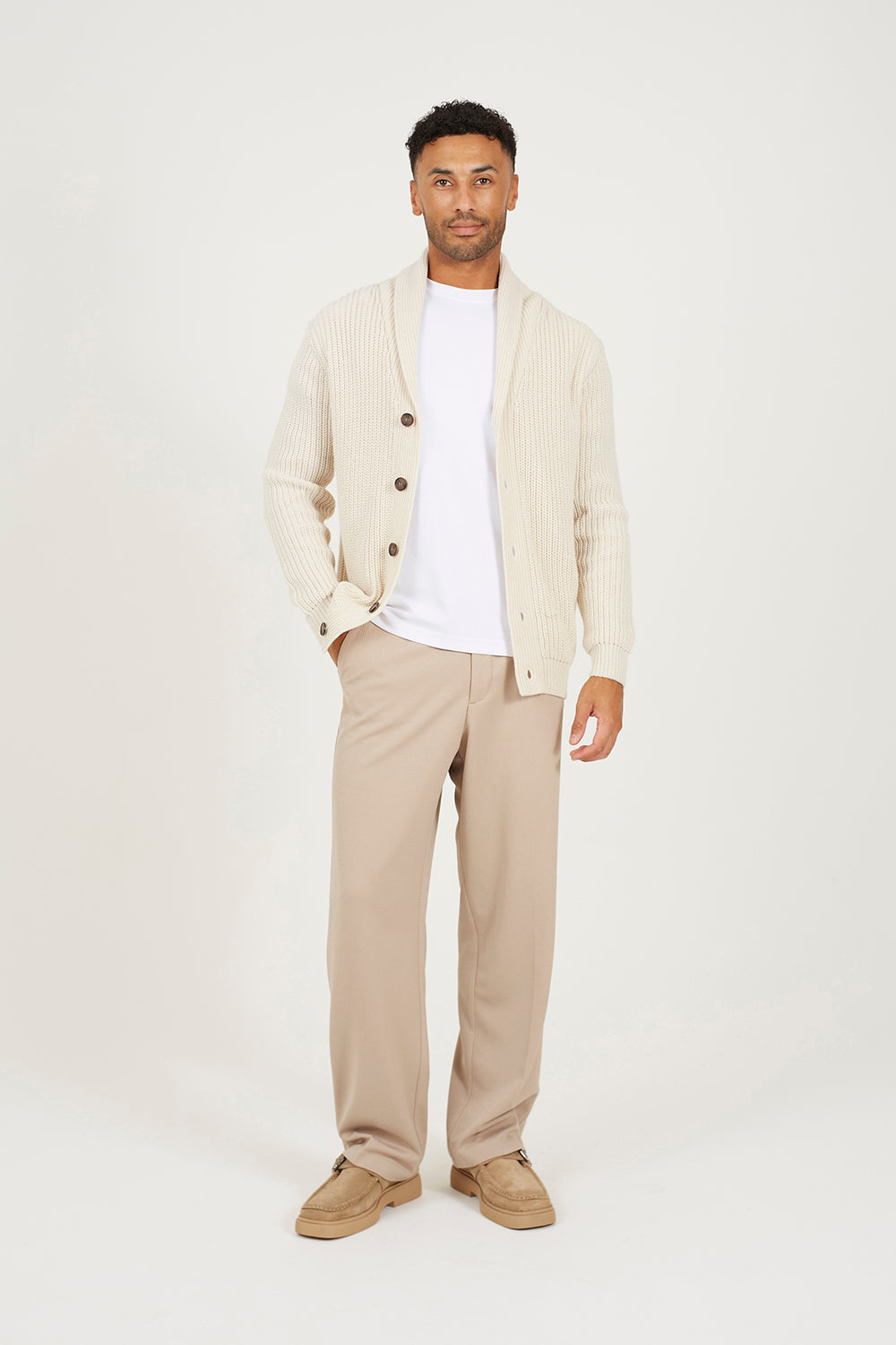 Brave Soul Beige Shawl Collar Chunky Knit Cardigan - Beige Image 3