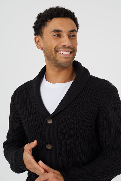 Brave Soul Black Shawl Collar Chunky Knit Cardigan - Black Image 4