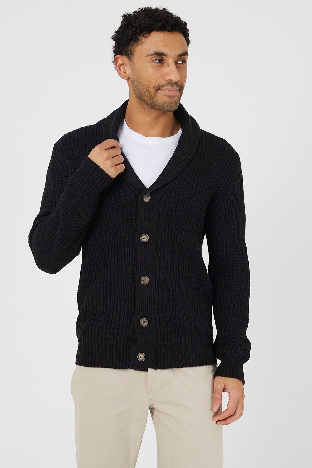Brave Soul Black Shawl Collar Chunky Knit Cardigan - Black Image 1