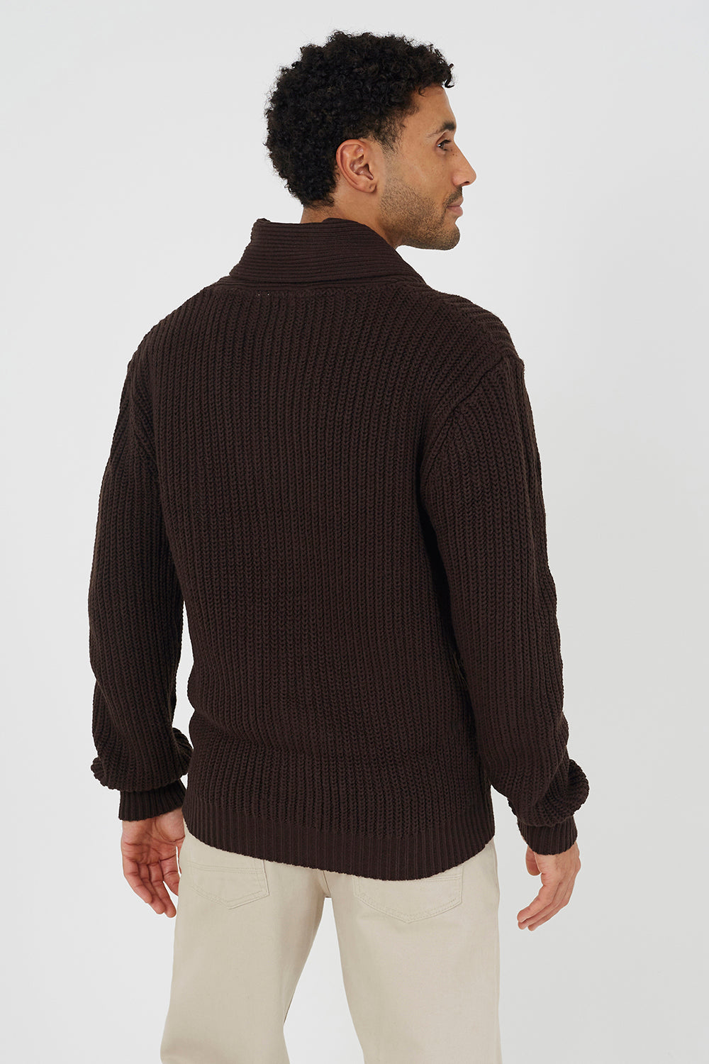 Brave Soul Chocolate Shawl Collar Chunky Knit Cardigan - Chocolate Image 2