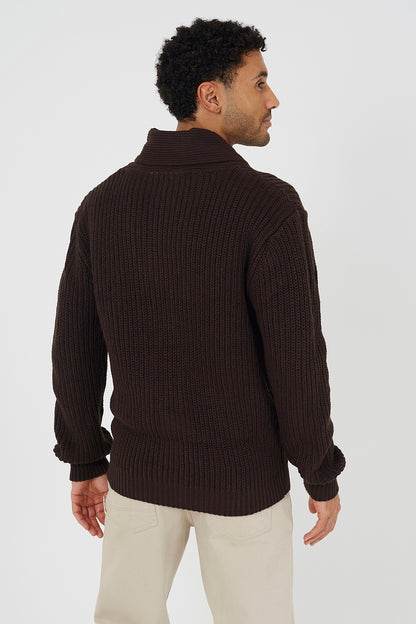 Brave Soul Chocolate Shawl Collar Chunky Knit Cardigan - Chocolate Image 2