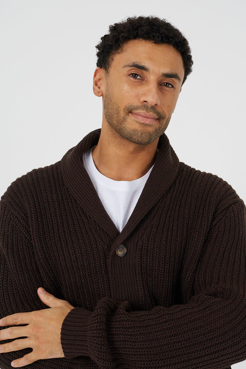 Brave Soul Chocolate Shawl Collar Chunky Knit Cardigan - Chocolate Image 4