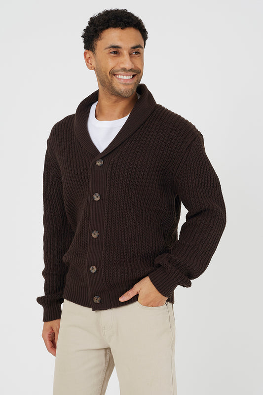 Brave Soul Chocolate Shawl Collar Chunky Knit Cardigan - Chocolate Image 1
