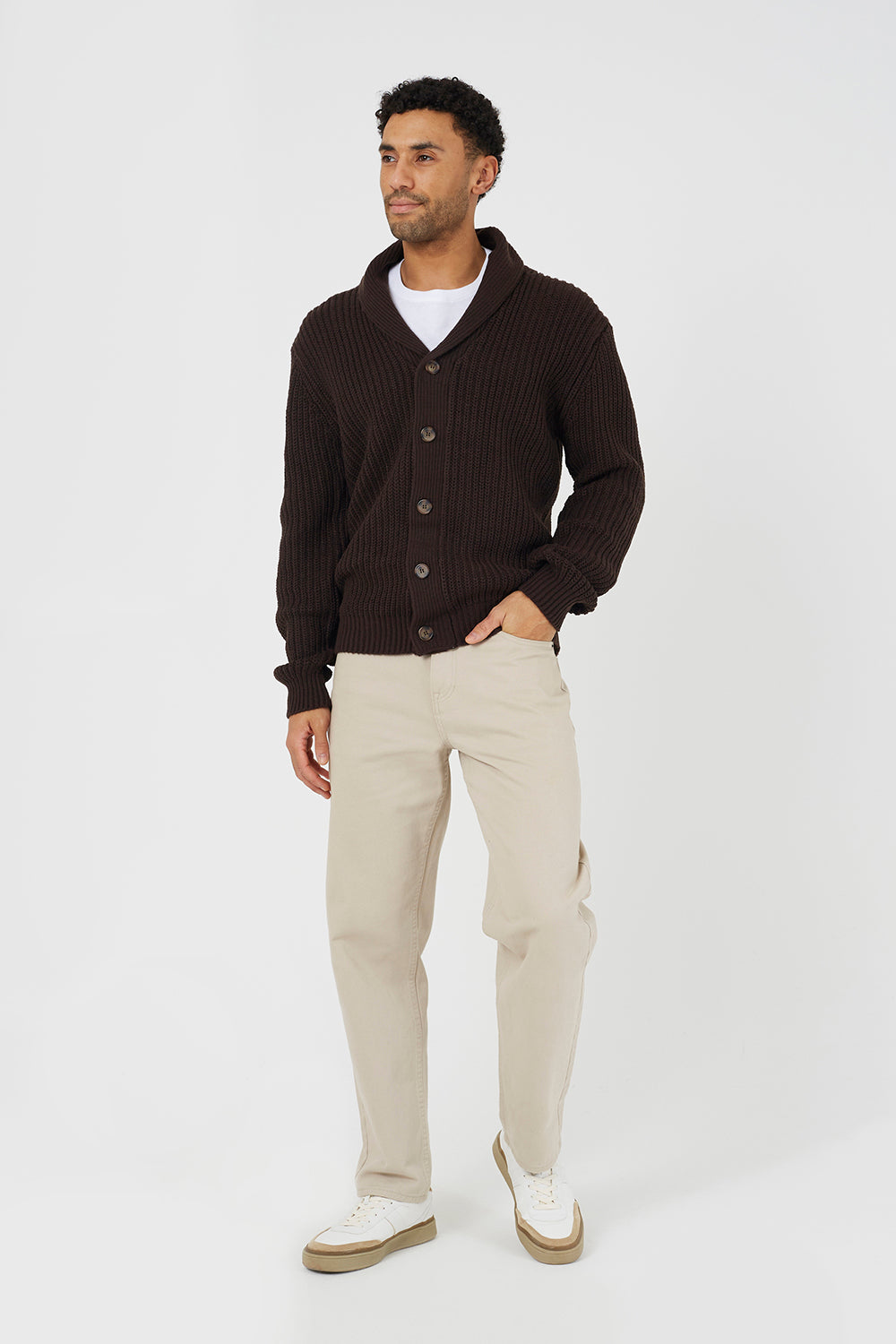 Brave Soul Chocolate Shawl Collar Chunky Knit Cardigan - Chocolate Image 3