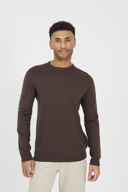 Brave Soul Chocolate Crew Neck Knitted Jumper - Chocolate Image 1