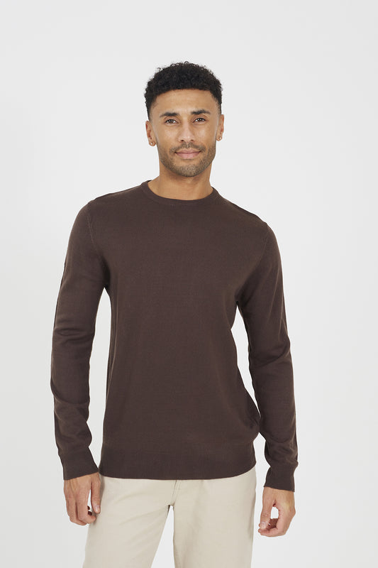 Brave Soul Chocolate Crew Neck Knitted Jumper - Chocolate Image 1