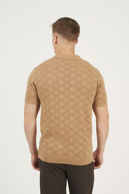 Brave Soul Light Tan Open Collar Knitted Polo Shirt - Light Tan Image 2