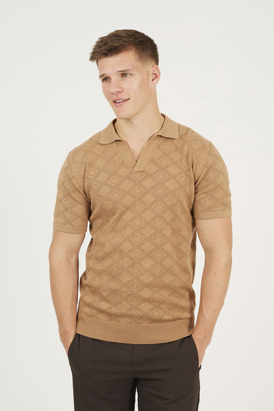 Brave Soul Light Tan Open Collar Knitted Polo Shirt - Light Tan Image 1