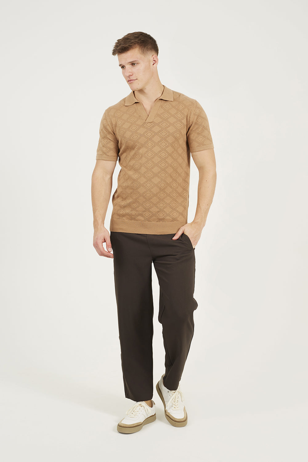 Brave Soul Light Tan Open Collar Knitted Polo Shirt - Light Tan Image 3