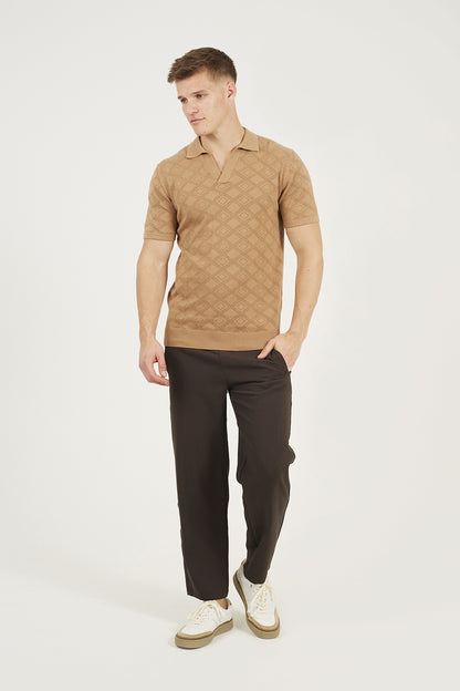 Brave Soul Light Tan Open Collar Knitted Polo Shirt - Light Tan Image 3