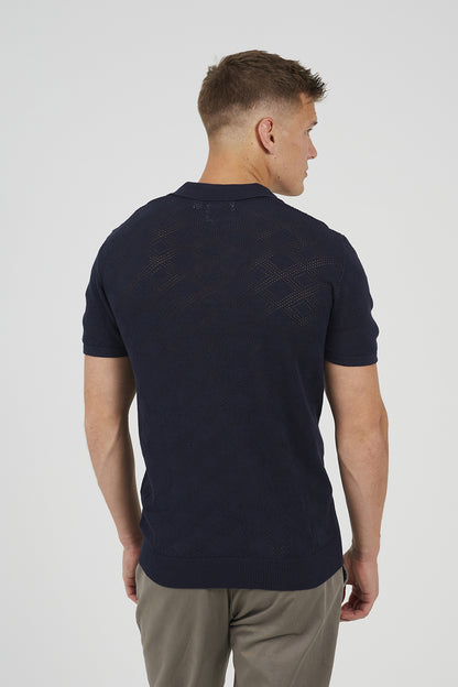 Brave Soul Navy Open Collar Knitted Polo Shirt - Navy Image 2