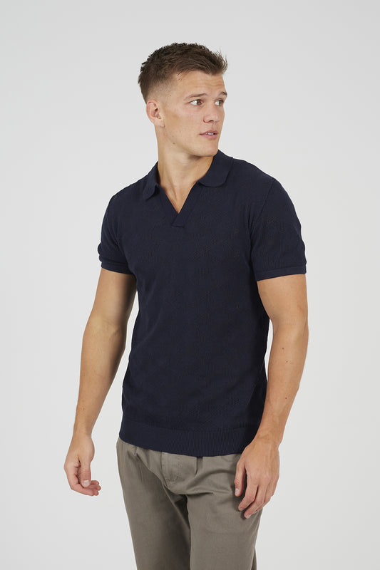 Brave Soul Navy Open Collar Knitted Polo Shirt - Navy Image 1